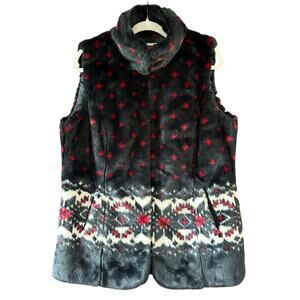 Black Mountain Faux Fur Vest L Fair Isle Snowflake Nordic Sleeveless Warm Winter